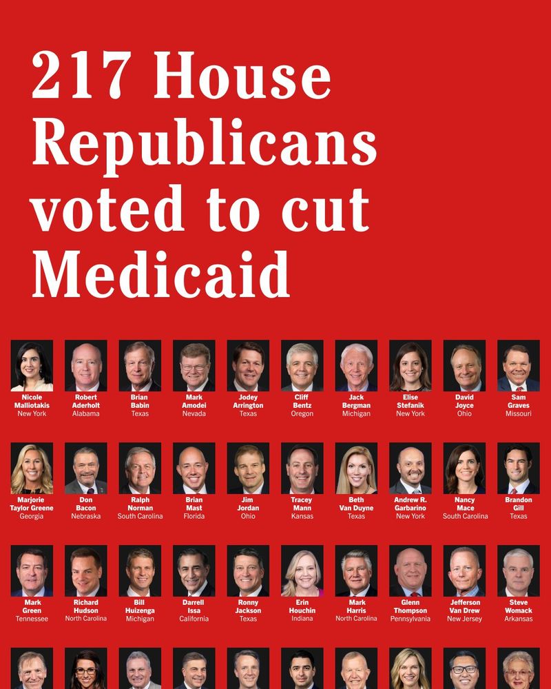 Graphic showing a collage of photos of House Republicans, with their names listed below each photo, set against a red background with white text at the top reading: '217 House Republicans voted to cut Medicaid'
