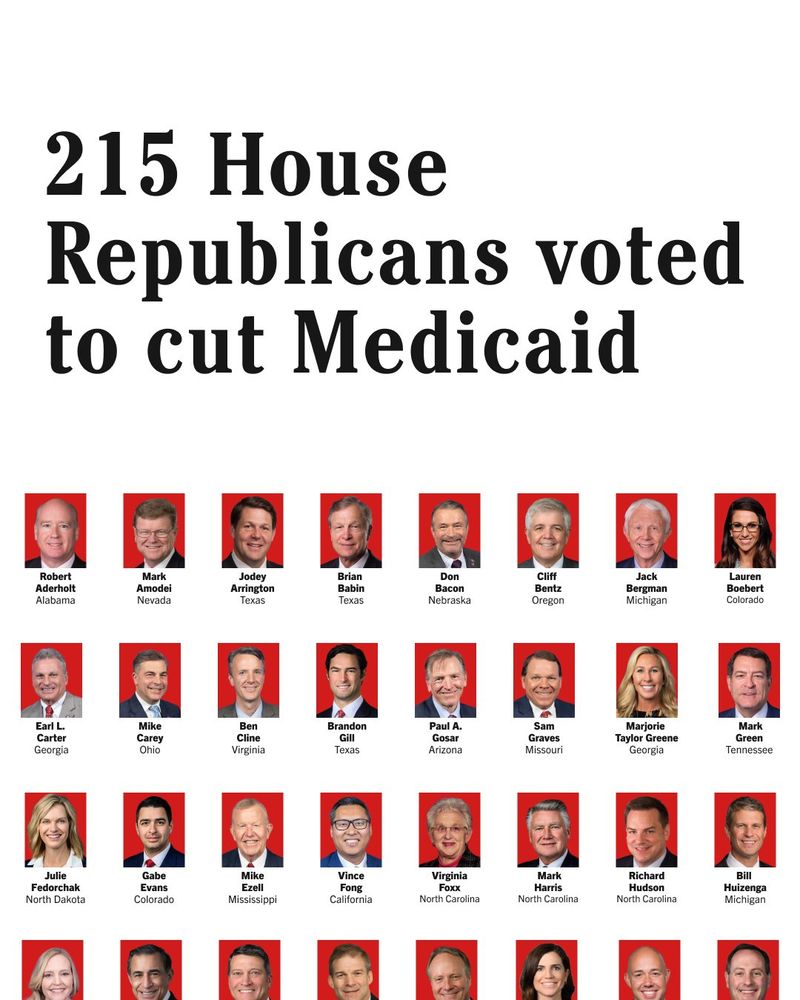 Poster style graphic with headshots and names of some of the 215 House Republicans who voted to cut Medicaid.
