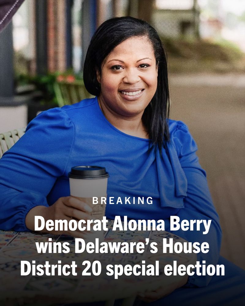 Graphic featuring Democrat Alonna Berry with overlaying text that states: BREAKING Democrat Alonna Berry wins Delaware’s House District 20 special election