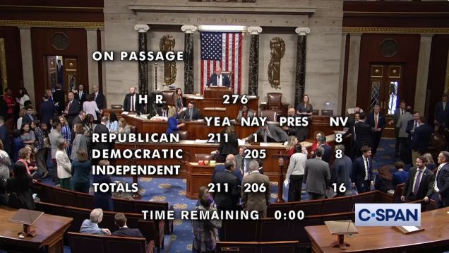 Screenshot of the United States House of Representatives during a vote, as shown on C-SPAN. The screen displays voting results for a bill labeled as "H.R. 276" Republican: Yea 211, Nay 1 Democratic: Nay 205 Totals: Yea 211, Nay 206