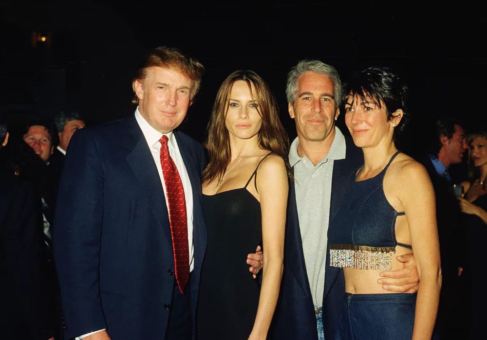 Image of Donald Trump, Melania Trump, Jeffrey Epstein, and Ghislaine Maxwell posing together at a social event.