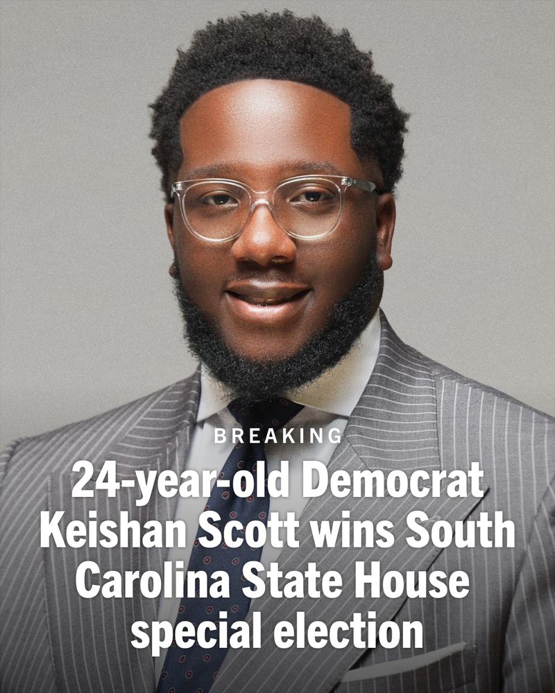 Graphic featuring Democrat Keishan Scott with overlaying text that reads: 'BREAKING 24-year-old Democrat Keishan Scott wins South Carolina State House special election'