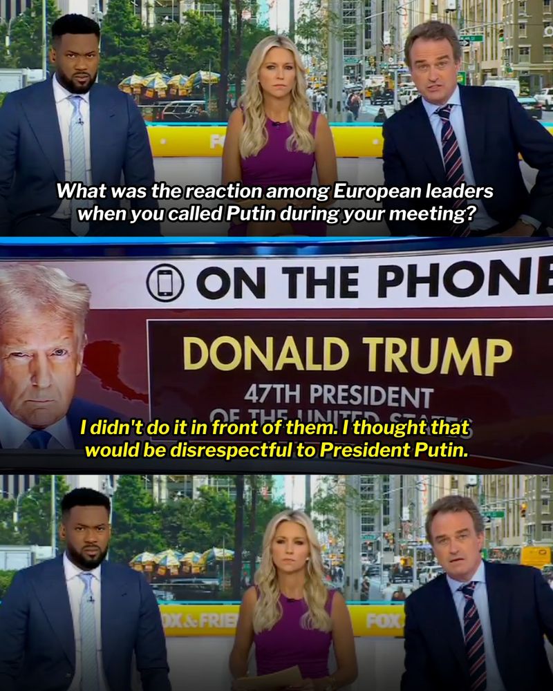A three-panel graphic showing Donald Trump calling into Fox News this morning. First panel: Fox News host asking Trump: 