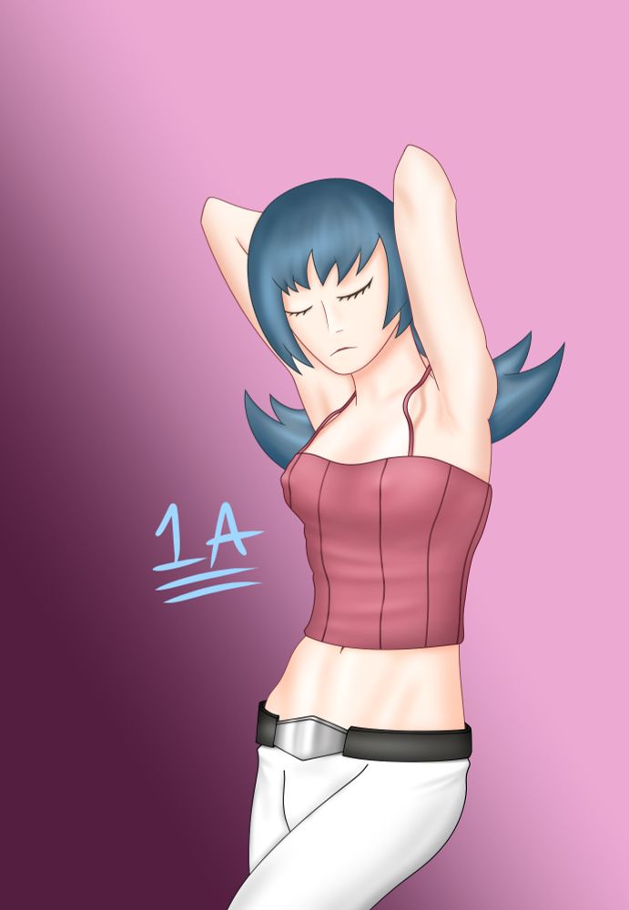 Sabrina from Pokemon in her generation 2 design. She's wearing a red tank top and white jeans, with her eyes closed and arms up in the air with her hands behind her head