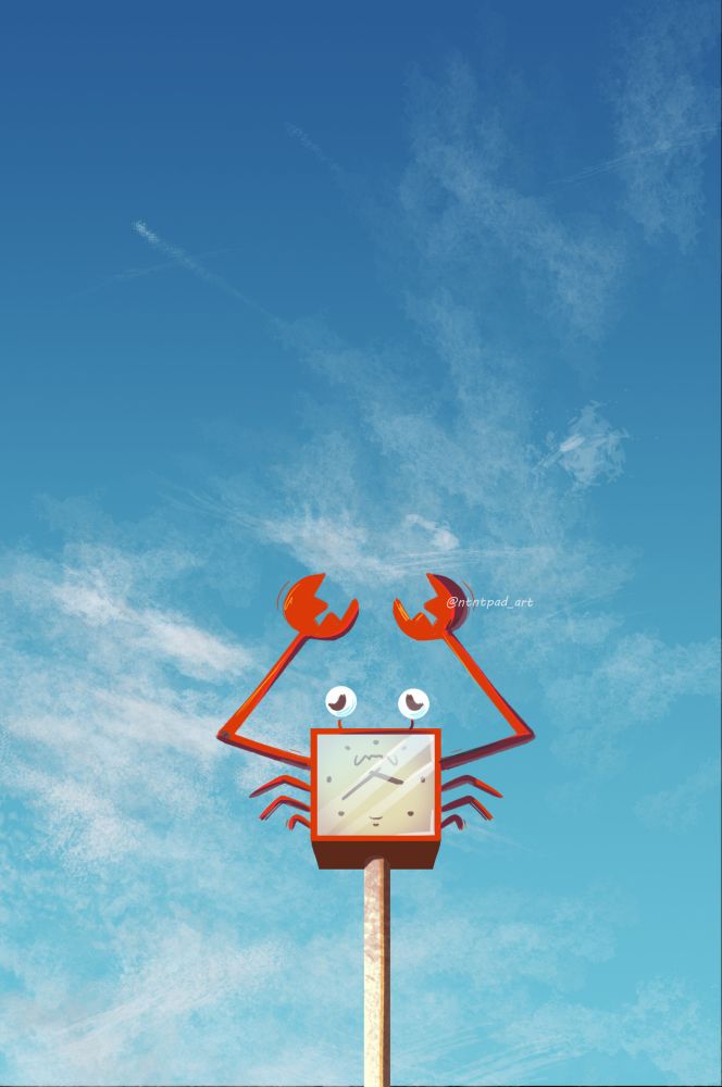 Paint study of a red crab clock with the blue sky behind it.