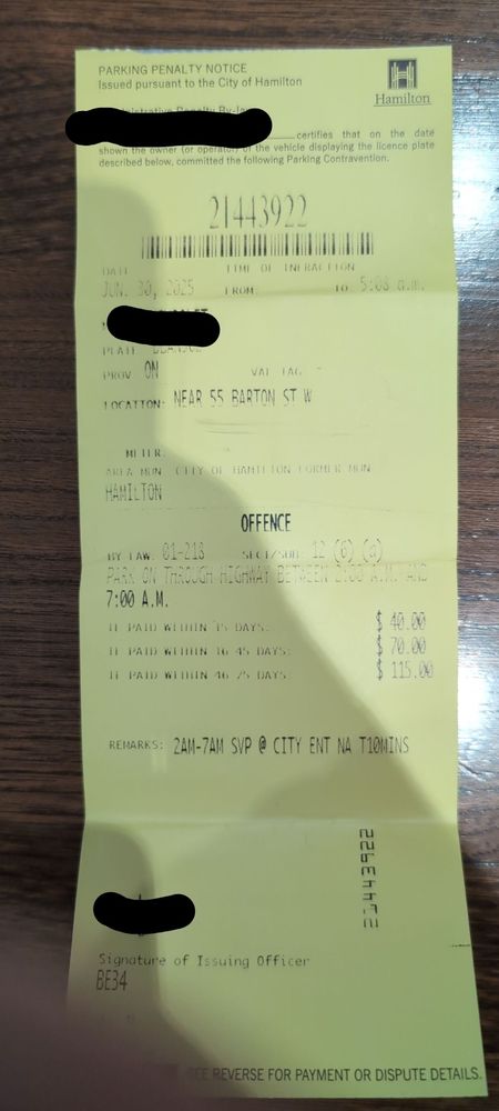 The ticket reads "park on through highway between 2am and 7am".