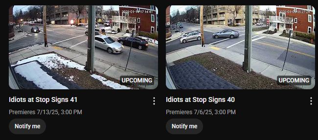 Two youtube thumbnails for the next to Idiots at Stop Signs videos, scheduled for the next two Sundays