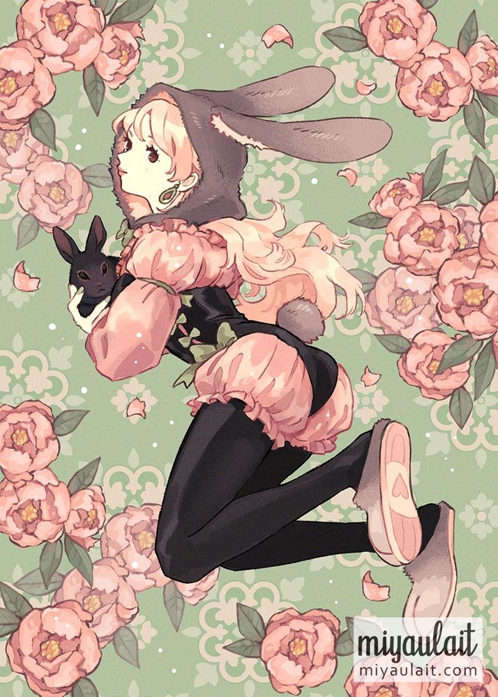illustration of my oc Ash. she has pink hair and pale skin, and is wearing a fluffy grey hood with bunny ears, and her long hair is sticking out from under the back of the hood. her outfit is a tight black one piece with a grey bunny tail on the back and green ribbons on the sides, with frilly pink sleeves and shorts. she has black tights and grey bunny paw slippers. she is holding a black bunny in her arms. the background is a soft shade of green with scattered pink peonies