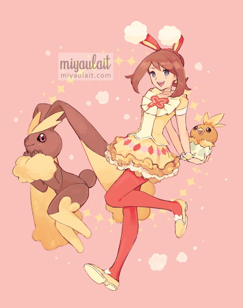 drawing of May in her 'spring 2021' outfit from pokemon masters. she is holding a torchic in half an eggshell behind her, and lopunny is next to her.