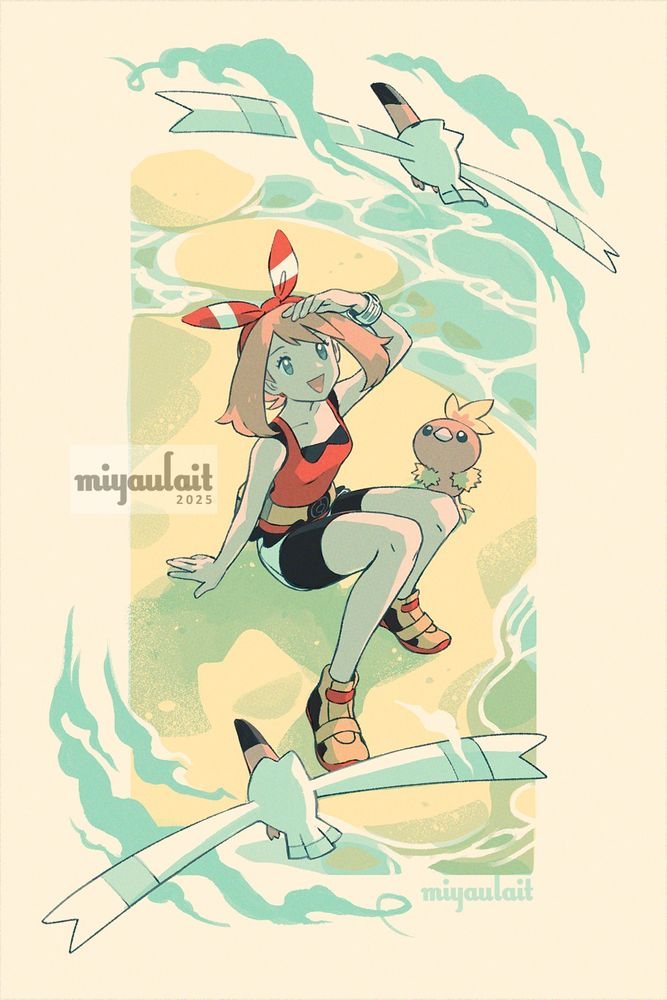 May from Pokemon Omega Ruby/Alpha Sapphire with Torchic next to her. They are sitting in the sand with ocean water around them and 2 Wingull flying above. the artwork is in a yellow, turquoise, and red color palette with an off-white background