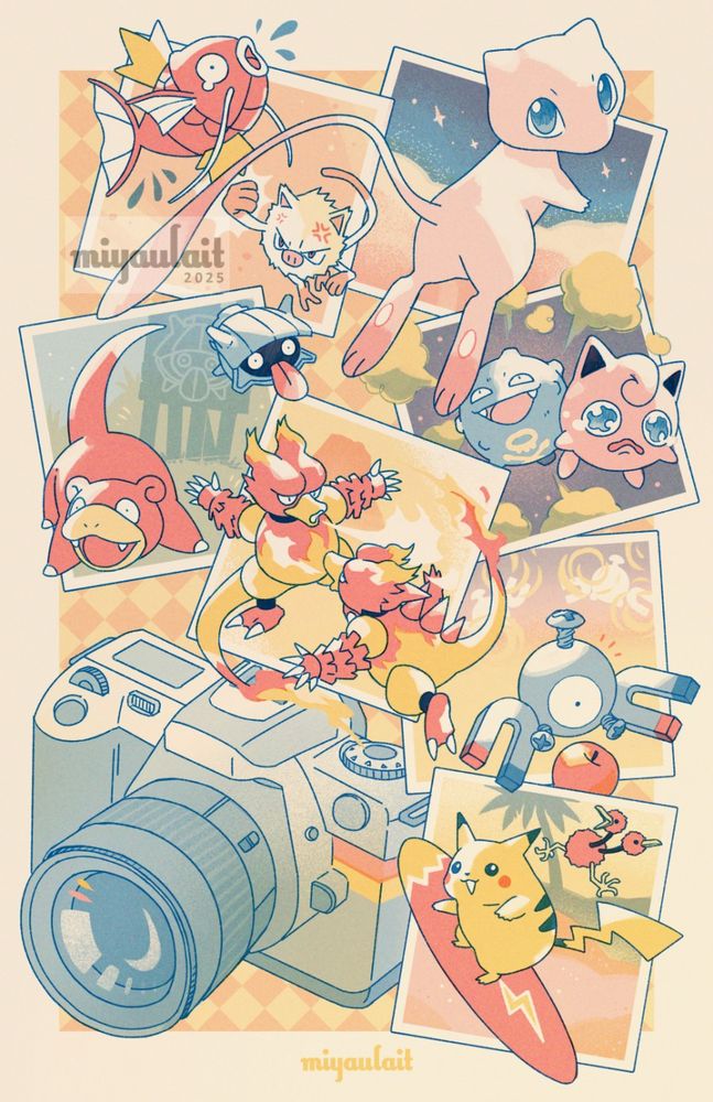 Pokemon Snap (N64) inspired illustration. Depicts several scattered photographs based off of each course in the game with the Pokemon popping out of them. Bottom right is Surfing Pikachu & Doduo (Beach). Above them is a Magnemite approaching an apple (Tunnel). Center is 2 Magmar battling (Volcano). Left of Magmar is Slowpoke with a Shellder floating above it (River). Right of Magmar is a Koffing causing a Jigglypuff distress (Cave). Top left is a Mankey sending Magikarp into the air (Valley), and top right is Mew looking back (Rainbow Cloud). The bottom left of the image features an SLR Camera. The color palette of the entire illustration is shades of Red, Blue, and Yellow. 