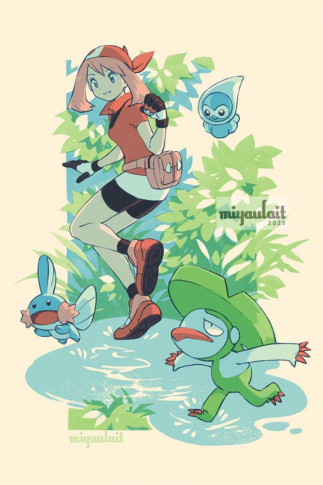 May from Pokemon Ruby & Sapphire with Mudkip, Lombre, and rainy Castform. they are running through a puddle of water and surrounded by lush green leaves and grass. the artwork is in a red, blue, and green color palette with an off-white background