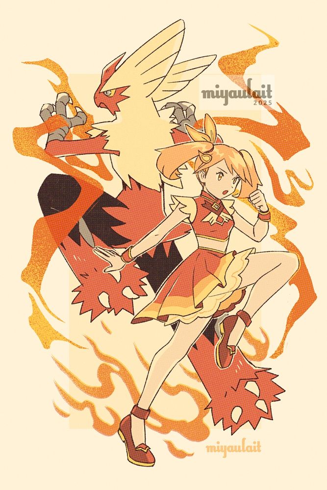 May in her sygna suit outfit from Pokemon Masters, with Mega Blaziken behind her. the artwork is in a red, orange, and yellow color palette. there are flames around them with an off white colored background