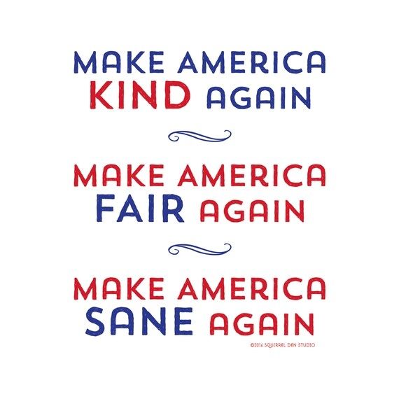 Text reads: Make America Kind Again, Make America Fair Again, Make America Sane Again 