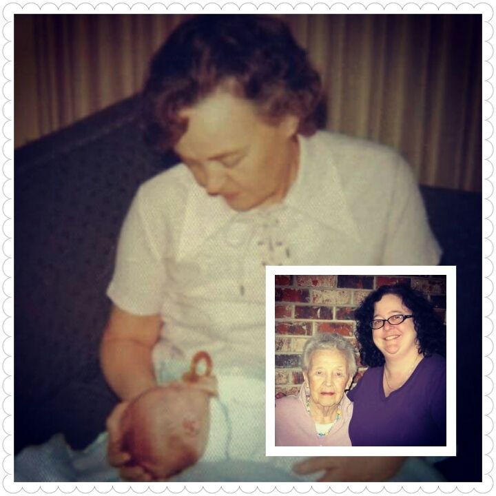 Main Photo: A woman with short brown hair and wearing a white, short-sleeved shirt is gazing down at an infant in her lap. The infant is dressed in a white sleeper. We cannot see the infant's face. 
Inset: The same woman, now elderly with white hair and a pink shirt, stands next to her much taller, adult granddaughter. The younger woman is wearing a purple shirt and glasses. She has black, shoulder-length hair and is smiling broadly.