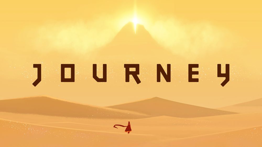 Cover for the video game Journey. A lone, red-cloaked figure with a long matching scarf stands in a desert, looking at a lone mountain in the far distance. 