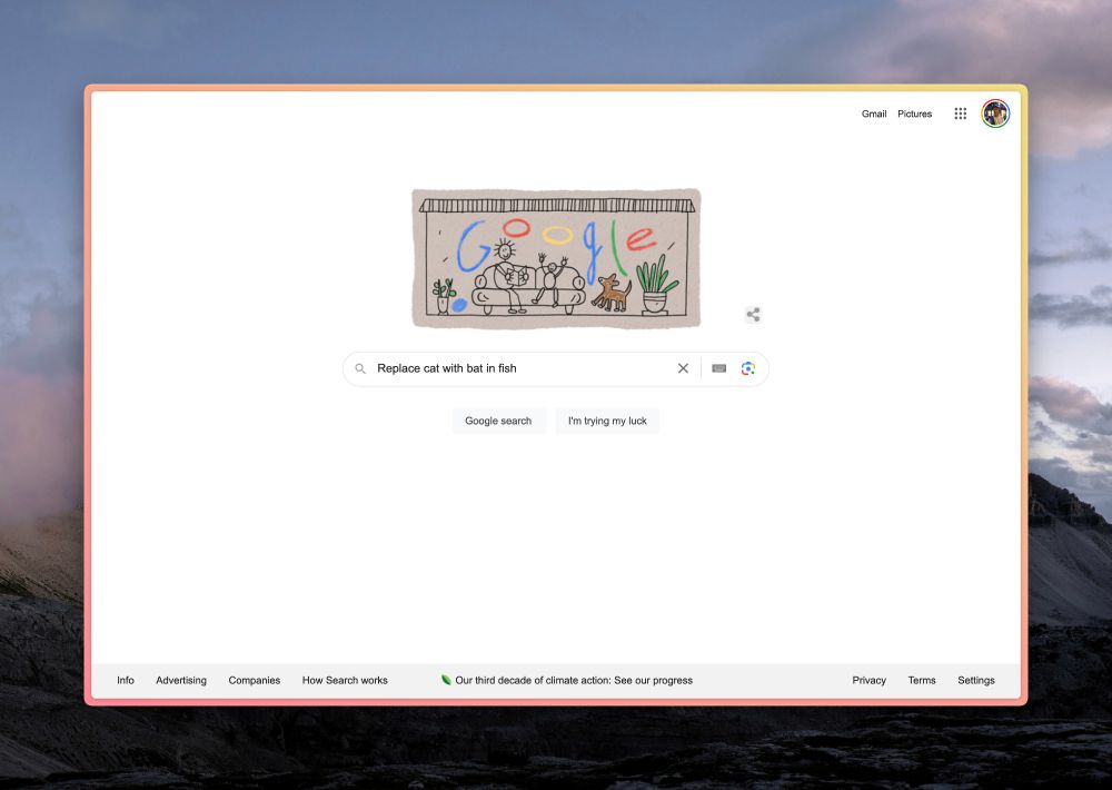 Screenshot of a web browser. It's a google search box with the term: "Replace cat with bat in fish".