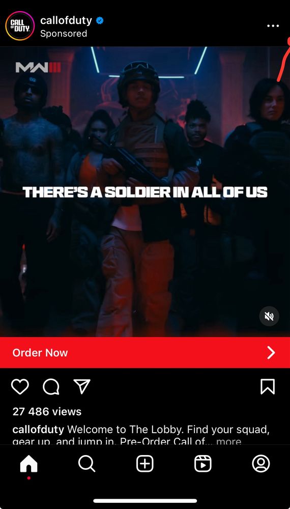 Screenshot of Instagram ad for call of duty modern warfare. Showing a young «soldier» with the caption “there’s a soldier in all of us”
