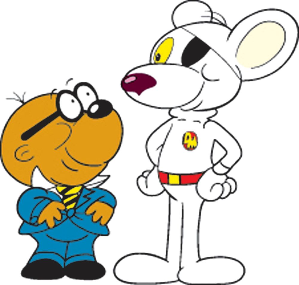 a still from the British cartoon Danger Mouse, showing Danger Mouse and Penfold.