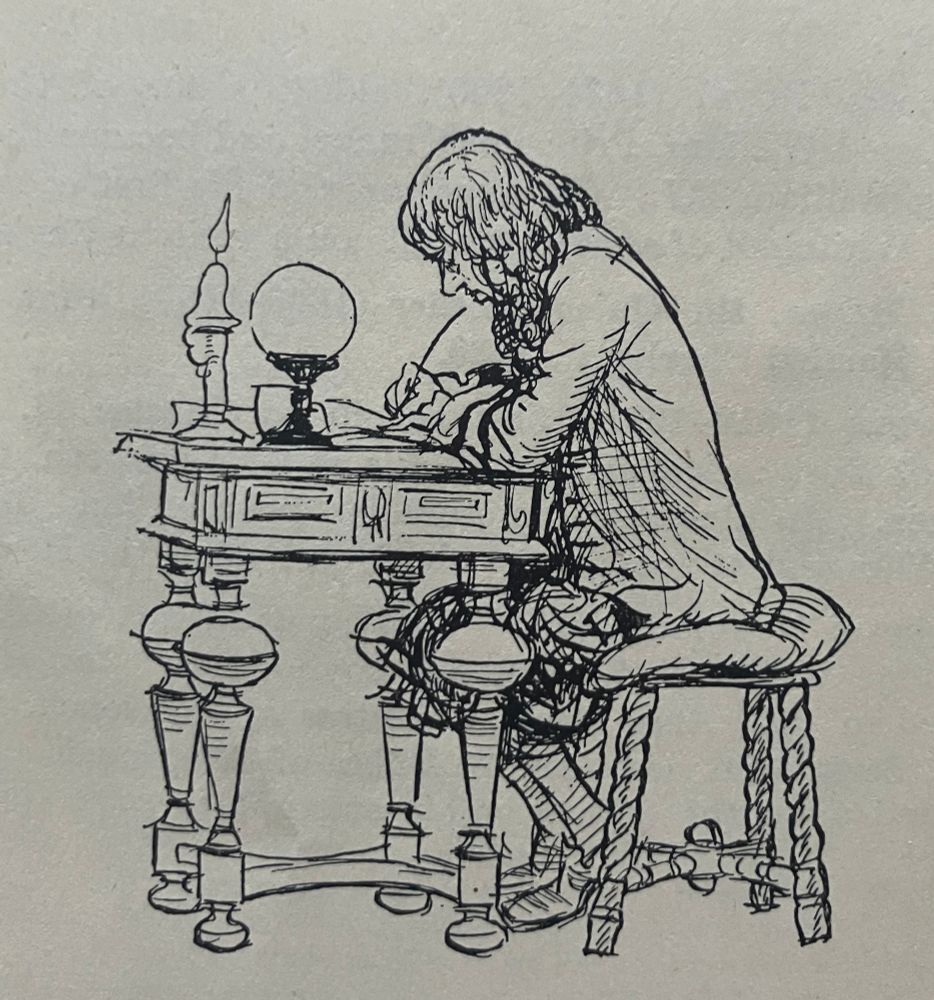 Pepys writing at his desk. Drawing by E.H. Shepard (1926)