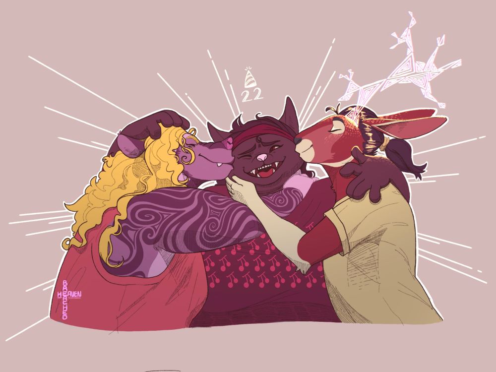 A simple piece, composed of three chest-up figures. In the middle is my girlfriend's fursona, a black cat with dark hair. She is wrapped up in a group hug by both my and my partners sonas, kissing her on either cheek. Above my gf's head is a little white birthday hat with "22" underneath.