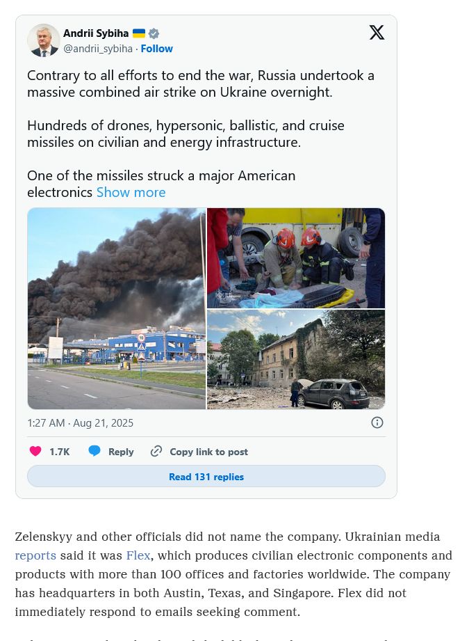 A Russian airstrike hits a U.S. factory in western Ukraine
https://www.npr.org/2025/08/21/g-s1-84146/russia-ukraine-american-factory