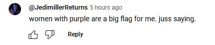 A youtube comment by a gamer hilariously called JedimillerReturns. The comment says "women with purple are a big flag for me. juss saying."