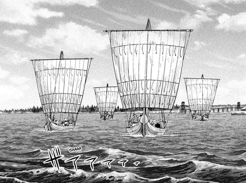 Illustration of Norse ships in issue 220 of the Vinland Saga manga