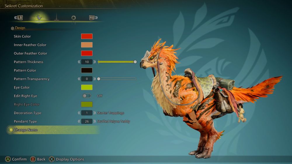 Monster Hunter Wilds screenshot of Seikret (dinosaur mount) customisation. It's orange with black stripes to look like the tiger raptors from The Lost World: Jurassic Park.