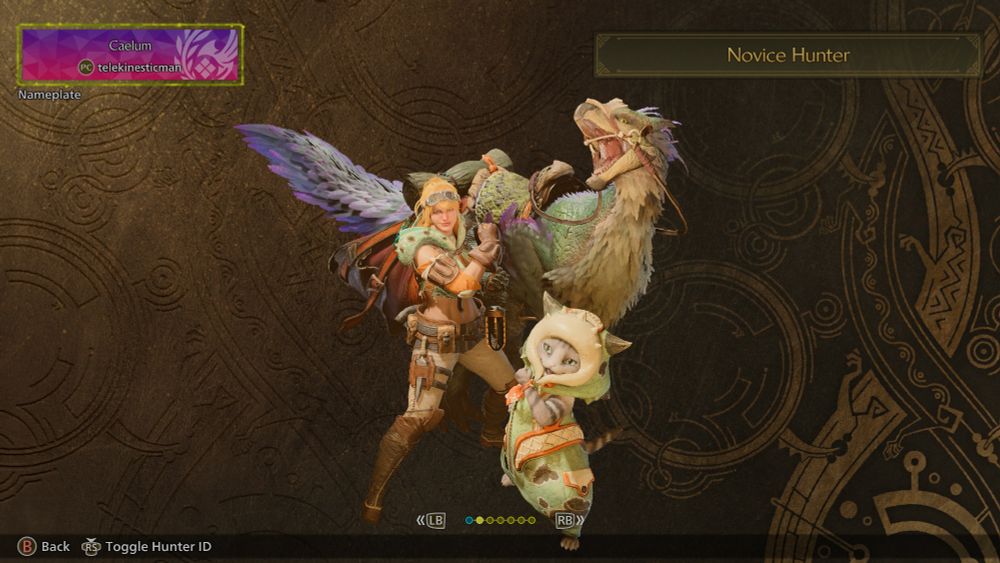 Monster Hunter Wilds screenshot - custom character resembling Samus Aran from the Metroid series. Also featuring a Seikret (a big dinosaur mount) and Palico (cat) designed to look like Lumie, a kitten we were recently fostering.