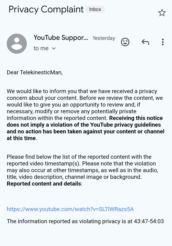 The initial email from YouTube saying that my video had received a privacy complaint. The link is to "A Critique on Sonic in 2021" and the timestamp is specifically related to the Mike Pollock section of that video.