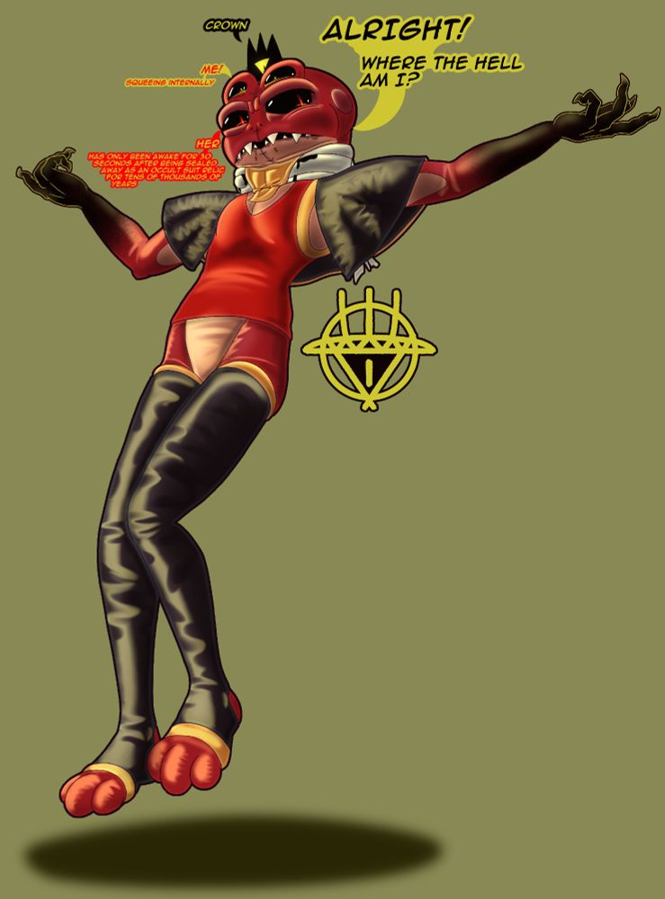 Heket from Cult of the Lamb, as a rubber suit and after having taken over a willing host, now floating mid-air. "Alright! Where the hell am I?" she says, while her second set of eyes looks gleefully at their combined new look.