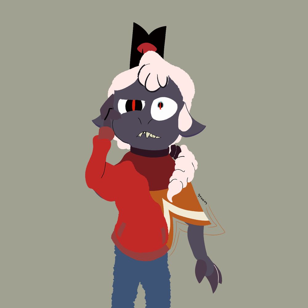 Punch half-way transformed into their version of The Lamb from Cult of the Lamb. More sharp teeth, red and orange fleece with a white stripe along the bottom, and vertical red slits for pupils.