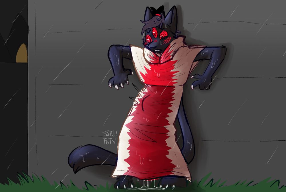 A rubber version of Narinder's form as The One Who Waits with their original arms leans against a suburban house's siding to get shelter from the rain, even as the feeling of it hitting their robes, going down their neck and flowing between their rubber skin and robes erects a noticeable bulge on their groin and forces cum out onto their paw feet beneath their robes.