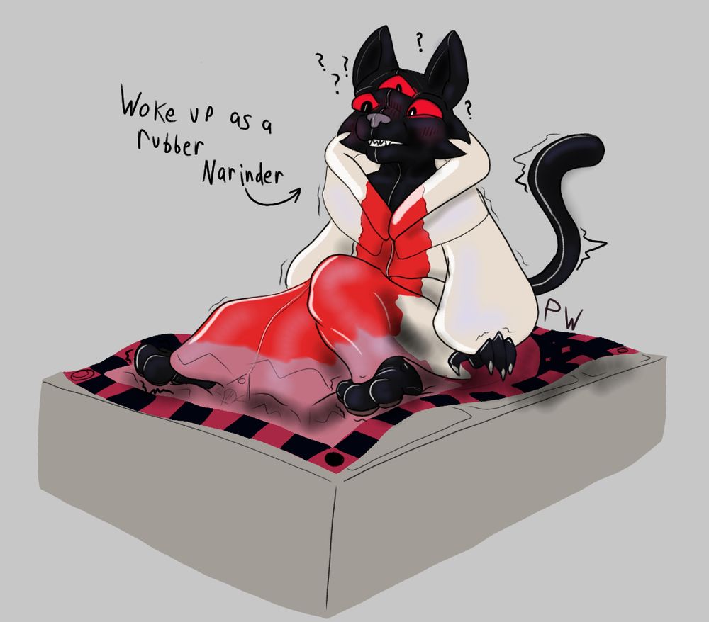 A very confused rubber black cat anthro with three red eyes, wearing a rubber robe that's white with red down the middle. Their robes look to be slighly melded to a blanket they're laying over, as if they phased through and took Narinder's robes- and form- with them. They're blushing slighly because they're into it.