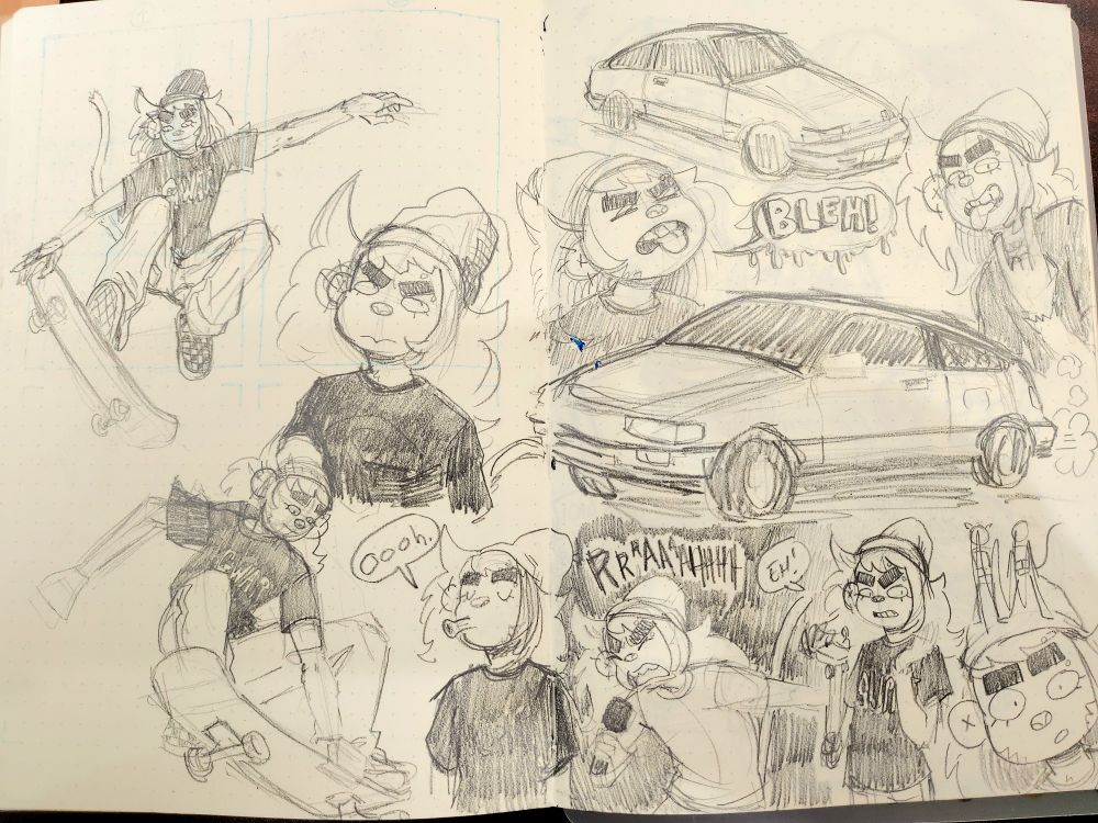 various sketches of a monkey person over a two page sketchbook spread. ok the left the monkey is skateboarding and rolling their eyes. on the right are various disgusted or tongue out facial expressions along with some cars i don't remember the make or model of. 