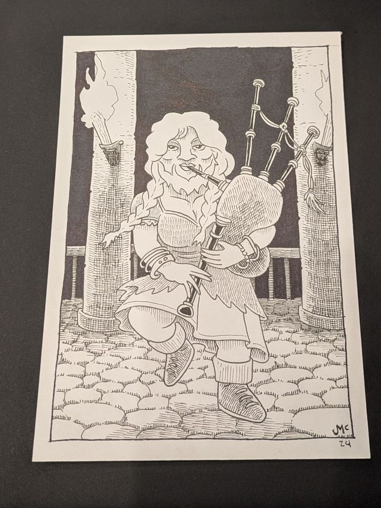 5x7 ink drawing of a female dwarven bard playing the bagpipes 