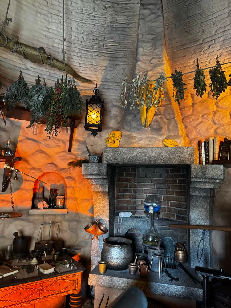 大航海時代を模したエリアの魔術的実験部屋　薬草などが吊るされている