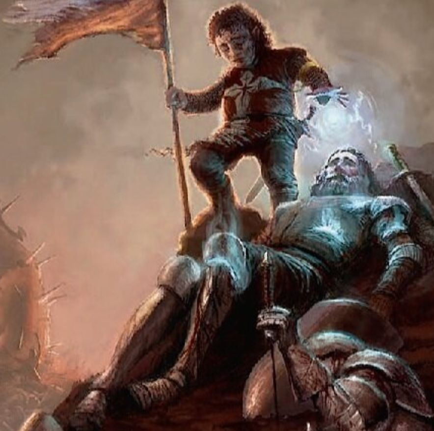 A Jorasco halfling attempts to heal a dying man, to no avail. Art by Ron Lemen from Eberron Rising From The Last War. 