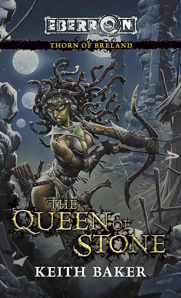 The cover of the novel The Queen of Stone. A Medusa archer under four full moons.