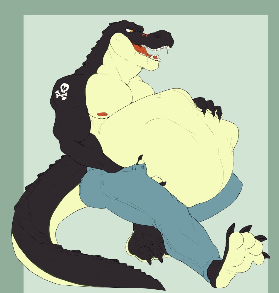 Zavok holding his stomach full of squirming prey, kicking and struggling within his gut. 