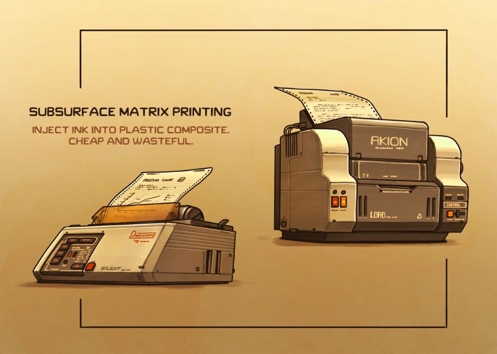 subsurface matrix printing - inject ink into plastic composite. cheap and wasteful. a pair of dot matrix style printers