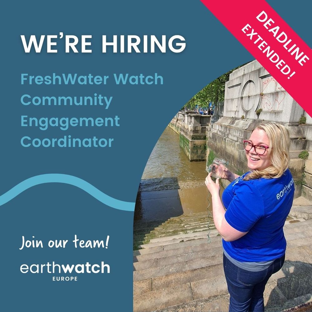 A woman wearing a blue "Earthwatch" shirt holds a jar near a river, standing on stone steps. White and blue text on the left reads, "WE'RE HIRING FreshWater Watch Community Engagement Coordinator" and "Join our team! Earthwatch Europe."
