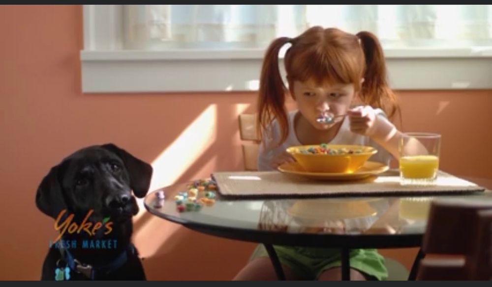 girl eating real with dog  in photo