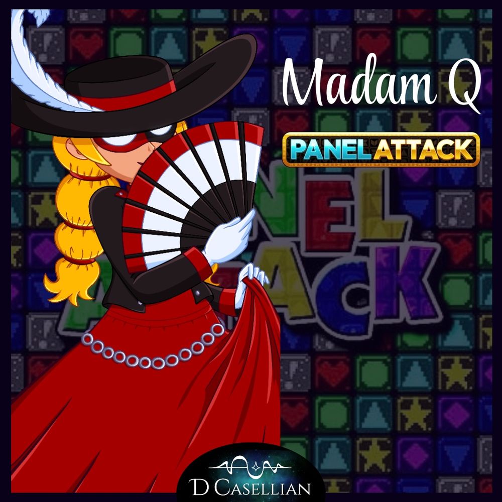 A cartoon woman with yellow braided hair under a black musketeer-style hat holds a red and white fan in front of her masked face. The background is colorful puzzle tiles from the game Panel Attack. 