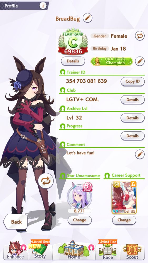 A screenshot of a profile on Uma Musume: Pretty Derby. The trainer ID is 354 703 081 639
