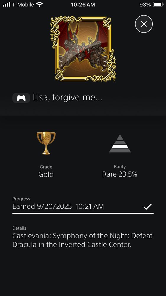 A screenshot from the PlayStation app showing the gold achievement “Lisa, forgive me…”, which is obtained by defeating Dracula in the Inverted Castle Center
