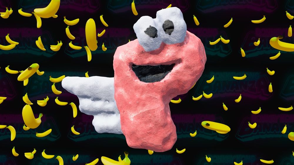 A screenshot from Donkey Kong Bananza of a rock sculpted and painted to look like Panoots character P-Wing