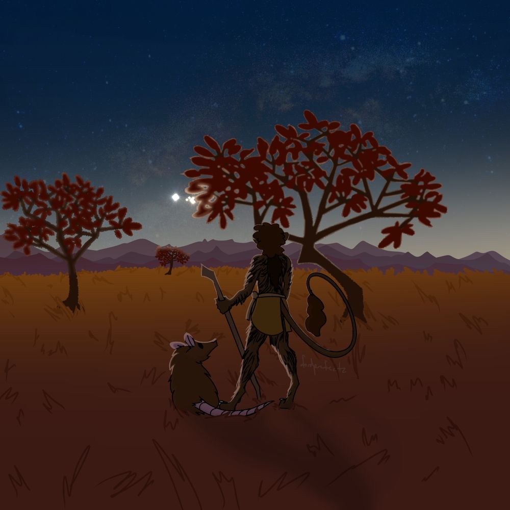 A prehistoric humanoid with digitigrade legs and a tail standing next to a large, rat-like creature in a savanna covered in red plant life. Mountains can be seen in the distance. The sky is mostly dark blue, and in its background the dust clouds of the planet’s home galaxy can be seen. Four very bright stars are also in the sky, although rather low. 