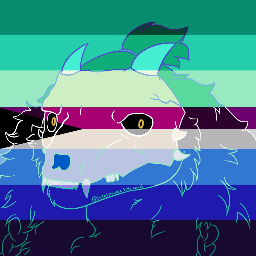Drawing of titanbeardude's character, Alexander. The drawing shows his face and mane at an angle, staring at the viewer. His colors are mixed with the colors of the MLM and Demisexual pride flags. 